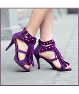 Purple Fringe Suede Leather Metal Rivet Strappy Stiletto Ankle High Heel... - £62.64 GBP