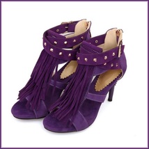 Purple Fringe Suede Leather Metal Rivet Strappy Stiletto Ankle High Heel Sandals image 2
