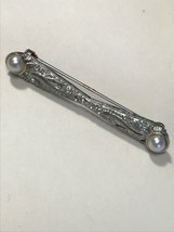 Estate Small Clear Rhinestone &amp; Faux White Pearl Silvertone Art Deco Style Bar - $15.27