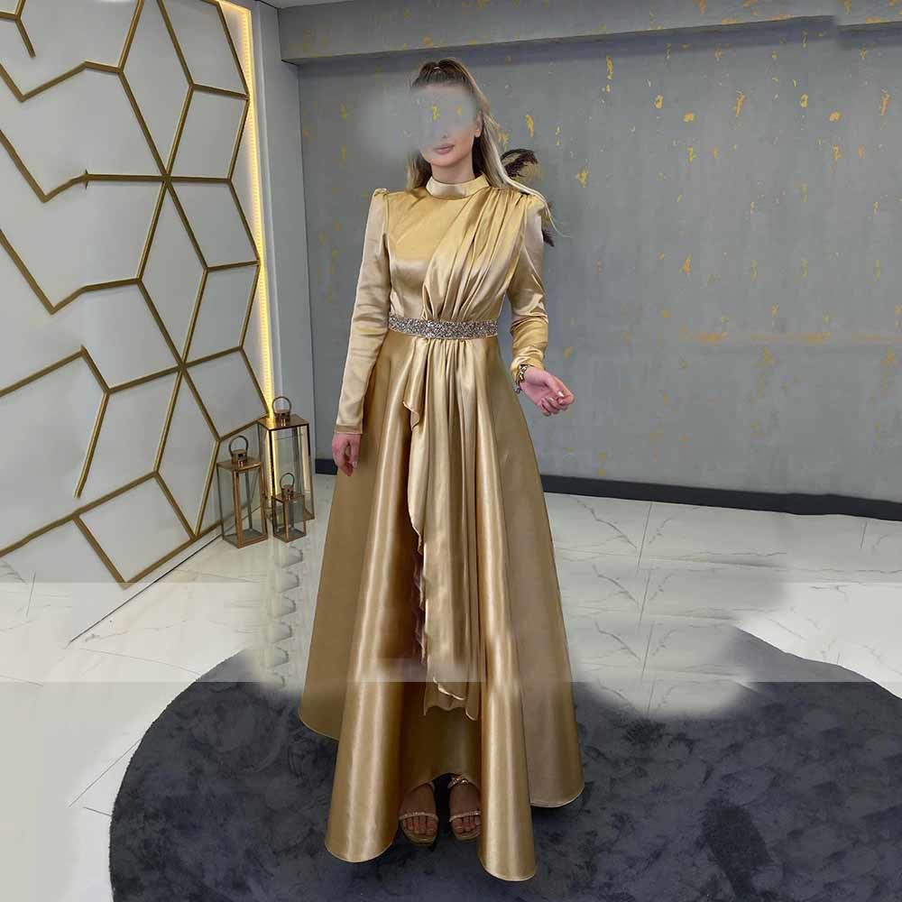 HIGH Ankle Length  Exquisite Long Sleeves  Gold Party Dresses Women Evening