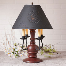 Colonial Table Lamp &amp; Punched Tin Shade Distressed Red With 3 Light Options Usa - £346.94 GBP