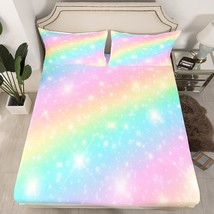 Rainbow Bedding Set For Kids Girls Teens Tie Dye Pastel Fitted Bed Sheet Gold St - £36.17 GBP