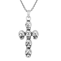 Edgy Pirate Multi-Skull Cross Sterling Silver Pendant Necklace - £15.78 GBP