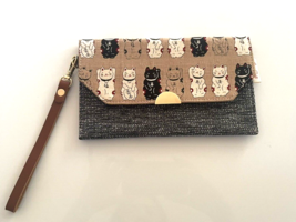 New Handmade Gray Light Brown Japanese Lucky Cat Wallet Clutch 8&quot; x 5&quot; - £21.91 GBP