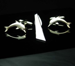 Vintage Dolphin Cufflinks Shields Tie clip sea god Nautical Mythology Porpoise C - $95.00