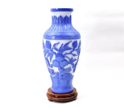 Vintage Chinese Power Blue Hand Carved Peking Glass Vase 10.8&quot; Peaches Longevity - £317.37 GBP