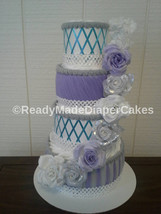 An item in the Baby category: Aqua Purple Silver and White 4 Tier Diaper Cake Elegant Themed Baby Shower