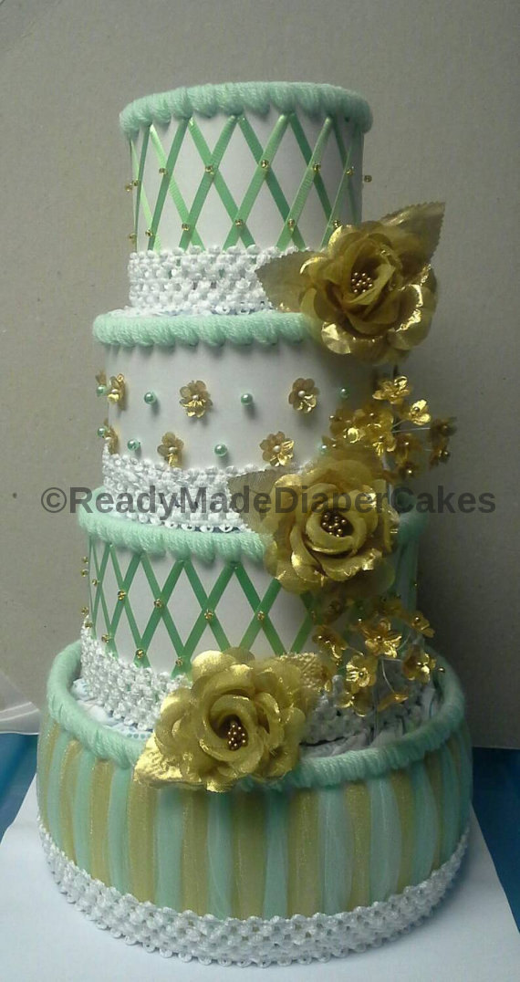 Mint Green Gold and White Themed Baby Shower Decor 4 Tier Elegant Diaper Cake