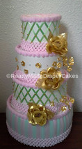 Mint Green Light Pink White And Gold Themed Baby Shower 4 Tier Diaper Cake - £86.00 GBP