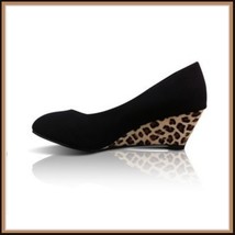 Black PU Leather Pointed Toe Leopard Print Thin Wedge Platform Heel Slingbacks