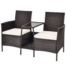 Outdoor Rattan Wicker Conversation Set Sofa Cushioned Loveseat Glass Table Off - £136.82 GBP