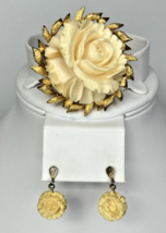 Vintage Celluloid 3-D rose flower brooch and pierced Earrings gold toned... - $59.99
