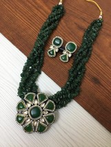 Indian Gold Plated Bollywood Style CZ Necklace Pendent Kundan Green Jewelry Set - £67.16 GBP