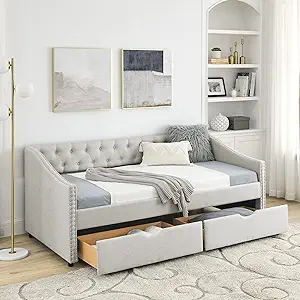 Twin Size Daybed With 2 Storage Drawers, Upholstered Tufted Sofa Bed, Wo... - £570.94 GBP
