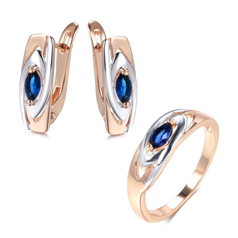 Kinel Blue Stone Earrings Ring Sets 585 Rose Gold Mixed White Gold Natural Zirco - £16.94 GBP