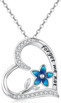 Forget Me Not Necklace 925 Sterling Silver CZ Pave Heart Pendant Floral Flower N - £41.26 GBP