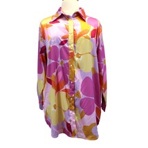 White Fox Womens M/L Satin Shirt Dress Funky Floral Purple Pink Yellow Orange  - £20.75 GBP