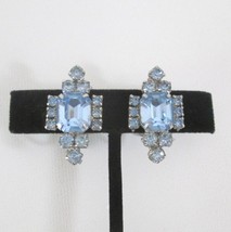 Vintage Emerald Cut Blue Rhinestone Clip On Earrings Silvertone Mid Century - £19.43 GBP