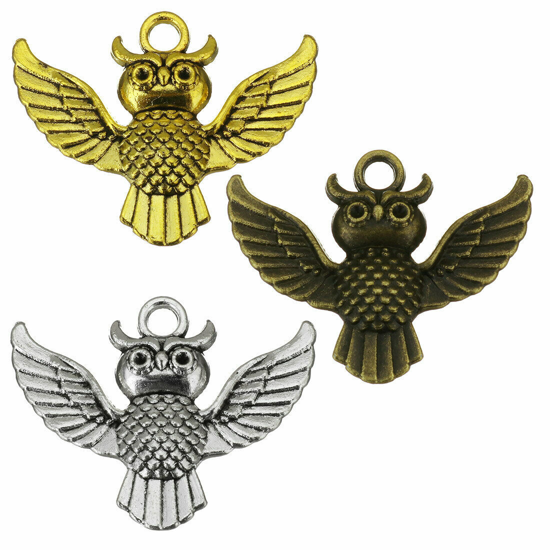 Primary image for 3 Flying Owl Charms Antiqued Silver Bronze Gold Mixed Set Bird Jewelry Supplies 
