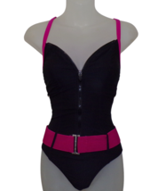 Vintage JAG One Piece Swimsuit Black Pink Belt Zip Front sz 6  James Bon... - $44.50