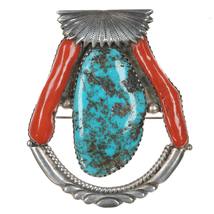 Robert and Bernice Leekya Zuni Sterling turquoise and branch coral pendant/pin - £561.42 GBP