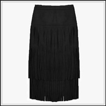 Western Double layer Long Fringe Tassels Black Faux Suede Leather Midi Skirt