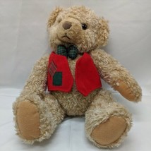 Hallmark Cards LIght Brown Teddy Bear W/Vest Red Plush Stuffed Animal 10&quot; Tall - £15.37 GBP