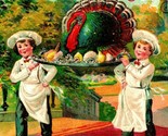 Thanksgiving Greetings Chefs Carrying Giant Platter 1910 Embossed Postccard - $3.91