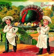 Thanksgiving Greetings Chefs Carrying Giant Platter 1910 Embossed Postccard - £3.07 GBP