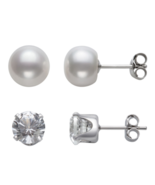 White Sapphire and Cultured Freshwater Pearl 2 Pair Stud Earring Set - $29.95