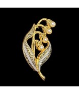 Vintage Damascus Style Brooch Pin Gold Tone Lily Of The Valley Faux Pearls - £19.74 GBP