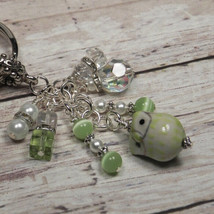 Owl Ceramic Crystal Glass Beaded Handmade Keychain Split Key Ring Green White - $15.14