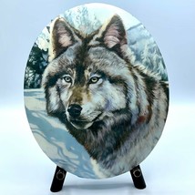 Alaskan Tundra Wolf Oval Ceramic Tile Painting Felt back Wall Hanging 9 in Tall - £38.71 GBP