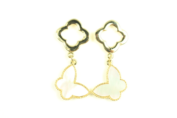 Double Hanging Mother of Pearl Butterfly and Gold Quatrefoil Motif Earrings