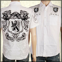 Etzo Lion Patch Moto Studs Mens Short Sleeve Button Up Dress Shirt White $78 S M - £40.75 GBP