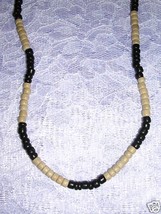 NEW NATURAL LIGHT TAN &amp; BLACK COCO BEAD WOODEN STRAND JEWELRY 16&quot; NECKLACE - $8.39 CAD