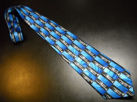 Steven Harris Neck Tie Hand Made Silver Trumpets on Black and Blue Polyester - £9.50 GBP