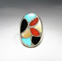 Vintage Navajo Zuni Multi Stone Inlay Sterling Silver Large Ring C2756 - £93.30 GBP