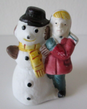 Vintage Porcelain Bisque Christmas Village Figurine, Child & Snowman w/Top Hat - $7.92
