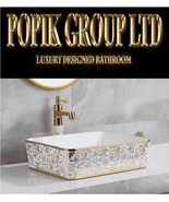 White Gold Floral Patterned Bathroom Ceramic Counter Top Wash Basin Sink... - $780.00