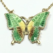 Vintage Enamel Butterfly Necklace Gold Tone Green Yellow Brown Wings 17&quot; - £12.53 GBP