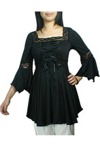 2X 18 20 Black Medieval Renaissance Corset Top~Lace Trim~Flare Sleeve - £24.95 GBP