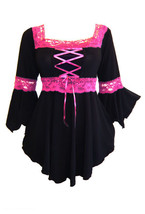 5X 26 28  Pink &amp; Black Long Sleeve Renaissance Corset Top w Lace Trim Plus Size - £30.66 GBP