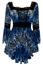 1X 12 14 Twilight Blue Black Print Renaissance Corset Top w Lace Trim Pl... - £30.53 GBP