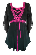 2X 14 16 Fuchsia Bewitched Renaissance Corset Top~Lace Trim~Sexy Sheer Sleeves - £27.28 GBP