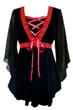 1X 10 12 XL Ruby Red Bewitched Renaissance Corset Top~Lace Trim ~ Sheer Sleeves - £27.28 GBP