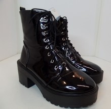 Unbranded Black Patent Leather Faux Lace Up Combat Boot Zipped Chunky So... - £35.61 GBP