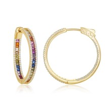 4x30mm Center Channel Set Rainbow &amp; White CZ Hoop Earrings - Gold Plated - £100.68 GBP