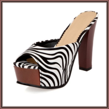 Zebra Striped Black n White PU Leather Stiletto Peep Toe High Heel Slide Sandals image 3