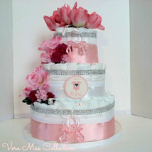 Baby Shower Gift Beautiful Pink And White Square Diaper Cake For A Baby Girl - £60.46 GBP